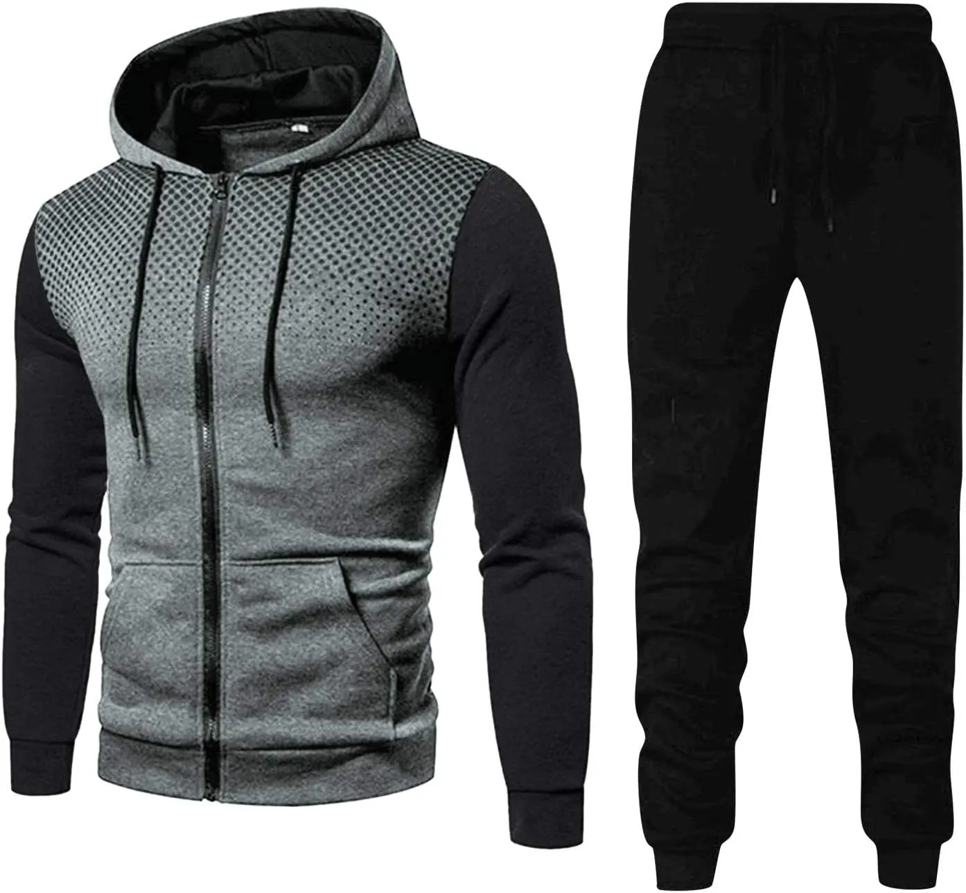 Mens 2 Piece Jogger Set Two Piece Suit Fashion Patchwork Stitching Hooded Sweater Full-Zip Long Sleeve Sweatsuit Zip