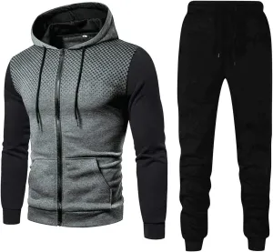 Mens 2 Piece Jogger Set Two Piece Suit Fashion Patchwork Stitching Hooded Sweater Full-Zip Long Sleeve Sweatsuit Zip