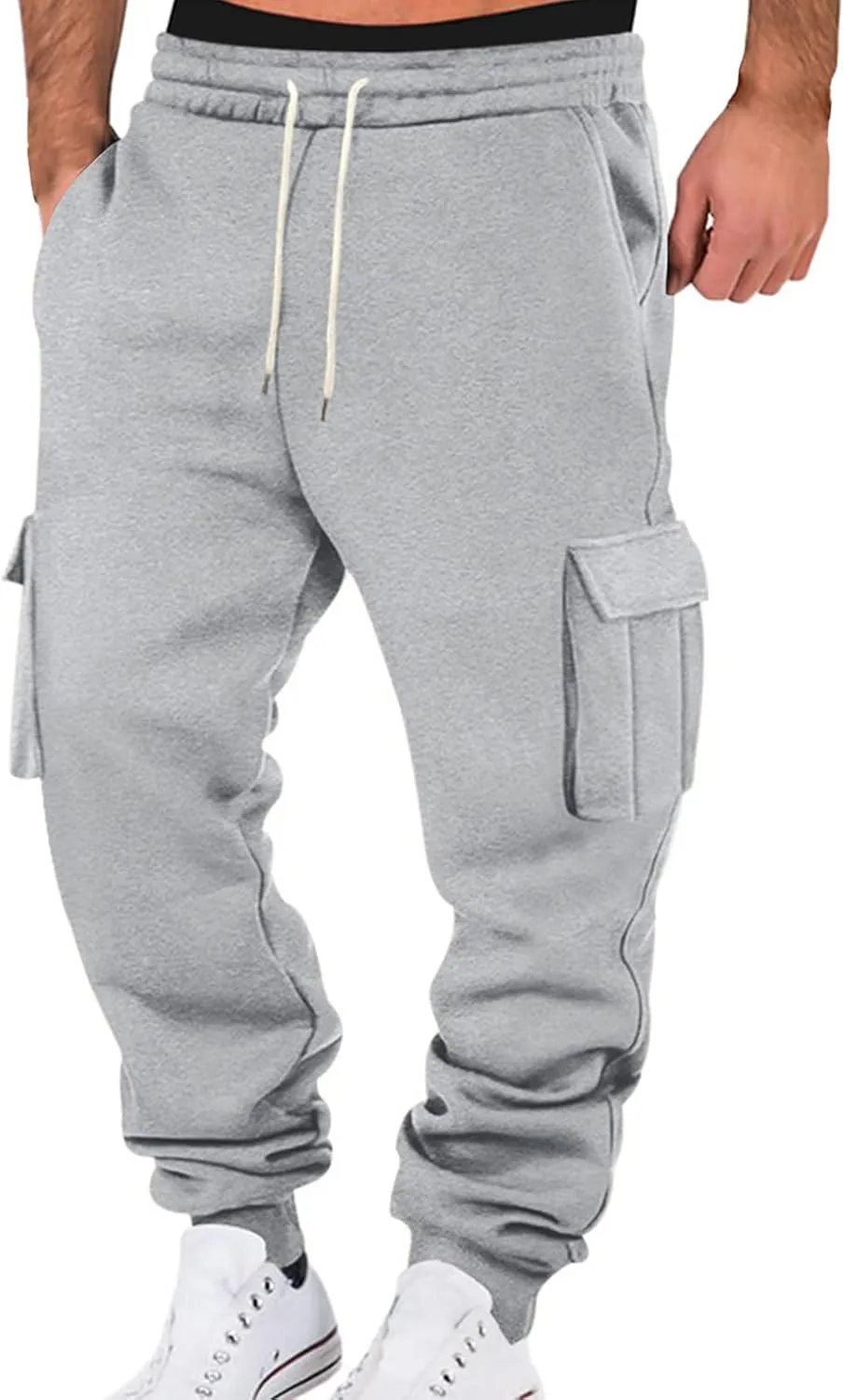 Mens Baggy Cargo Sweatpants, Drawstring Waist, Fleece Lined Joggers with Pockets, for Soft Athletic and Track