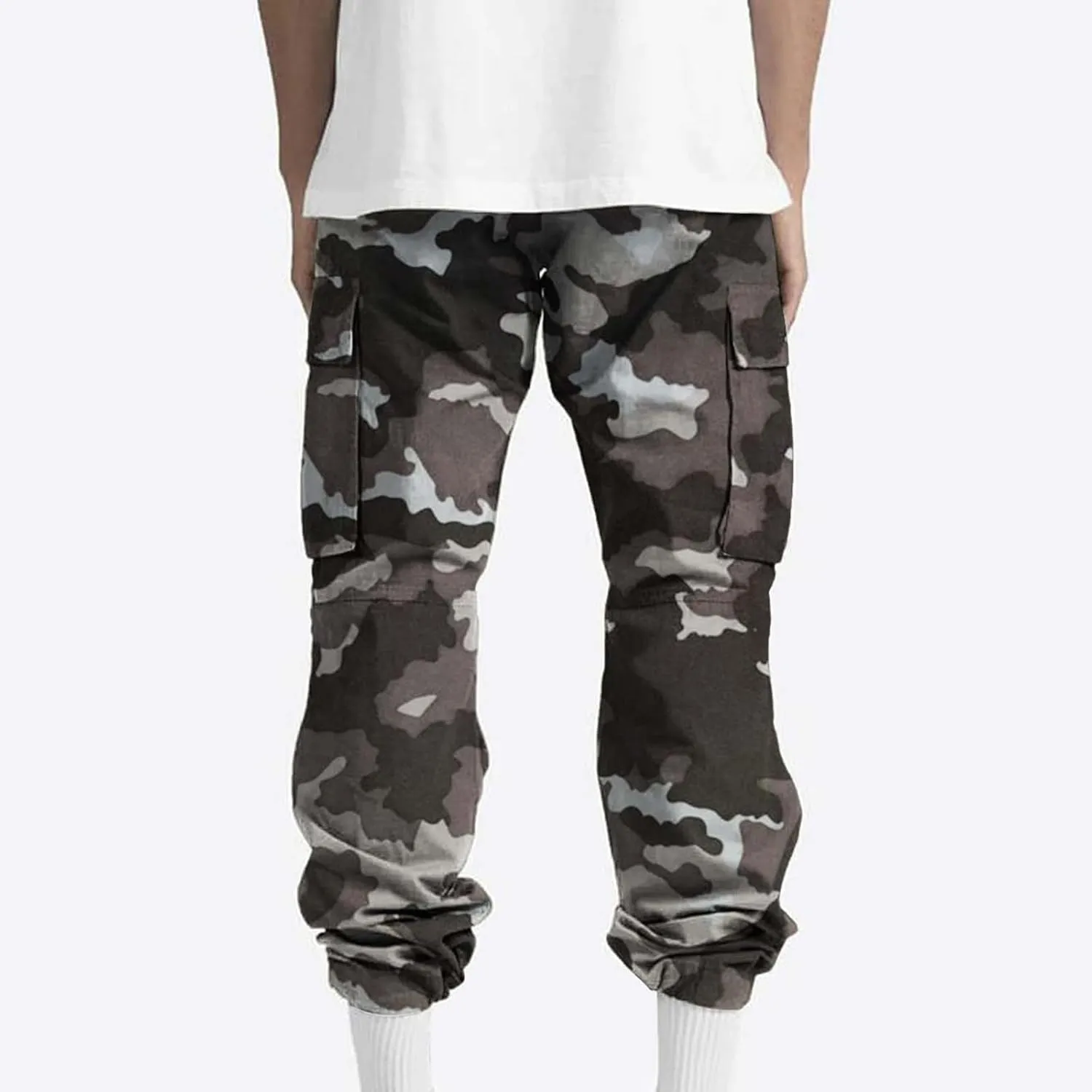 Mens Camo Cargo Pants Elastic Drawstring Waist Wide Leg Trousers Baggy Casual Workout Multipockets Joggers Sweatpants