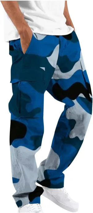 Mens Camo Cargo Pants Elastic Drawstring Waist Wide Leg Trousers Baggy Casual Workout Multipockets Joggers Sweatpants