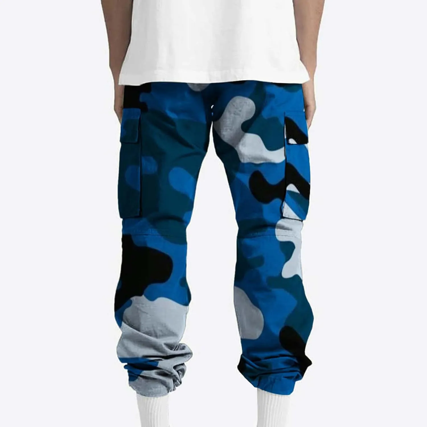 Mens Camo Cargo Pants Elastic Drawstring Waist Wide Leg Trousers Baggy Casual Workout Multipockets Joggers Sweatpants