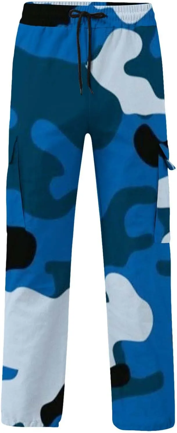 Mens Camo Cargo Pants Elastic Drawstring Waist Wide Leg Trousers Baggy Casual Workout Multipockets Joggers Sweatpants