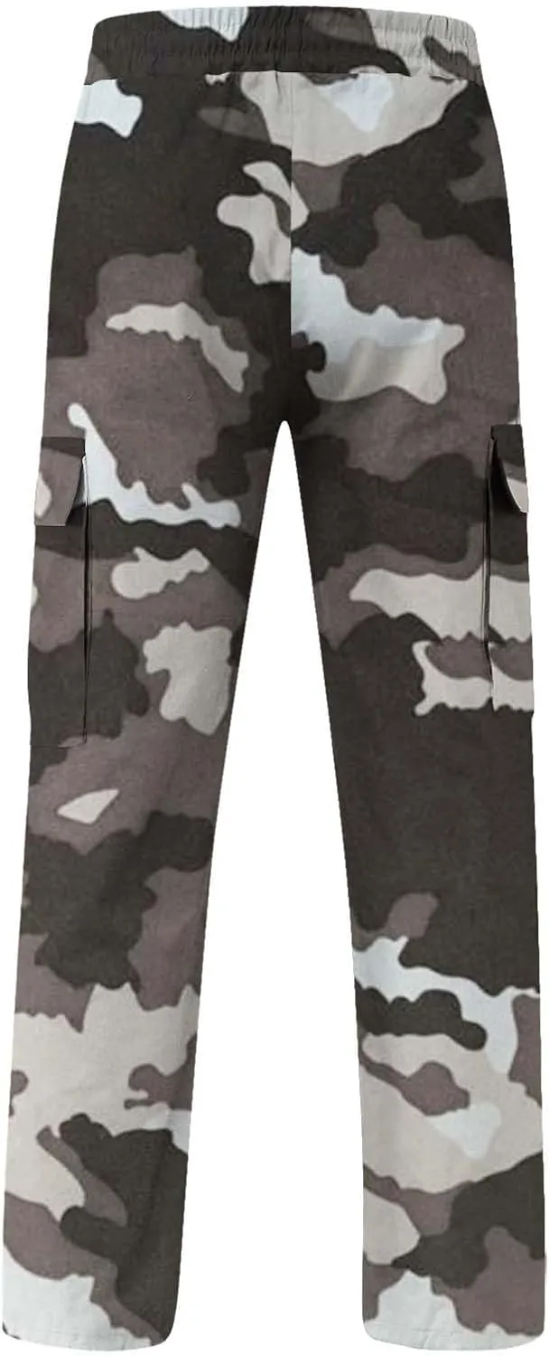 Mens Camo Cargo Pants Elastic Drawstring Waist Wide Leg Trousers Baggy Casual Workout Multipockets Joggers Sweatpants