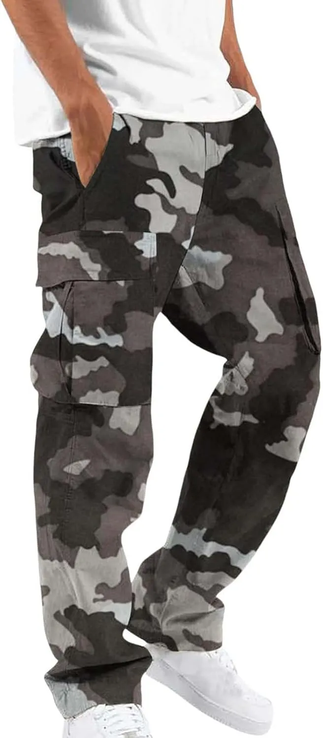 Mens Camo Cargo Pants Elastic Drawstring Waist Wide Leg Trousers Baggy Casual Workout Multipockets Joggers Sweatpants