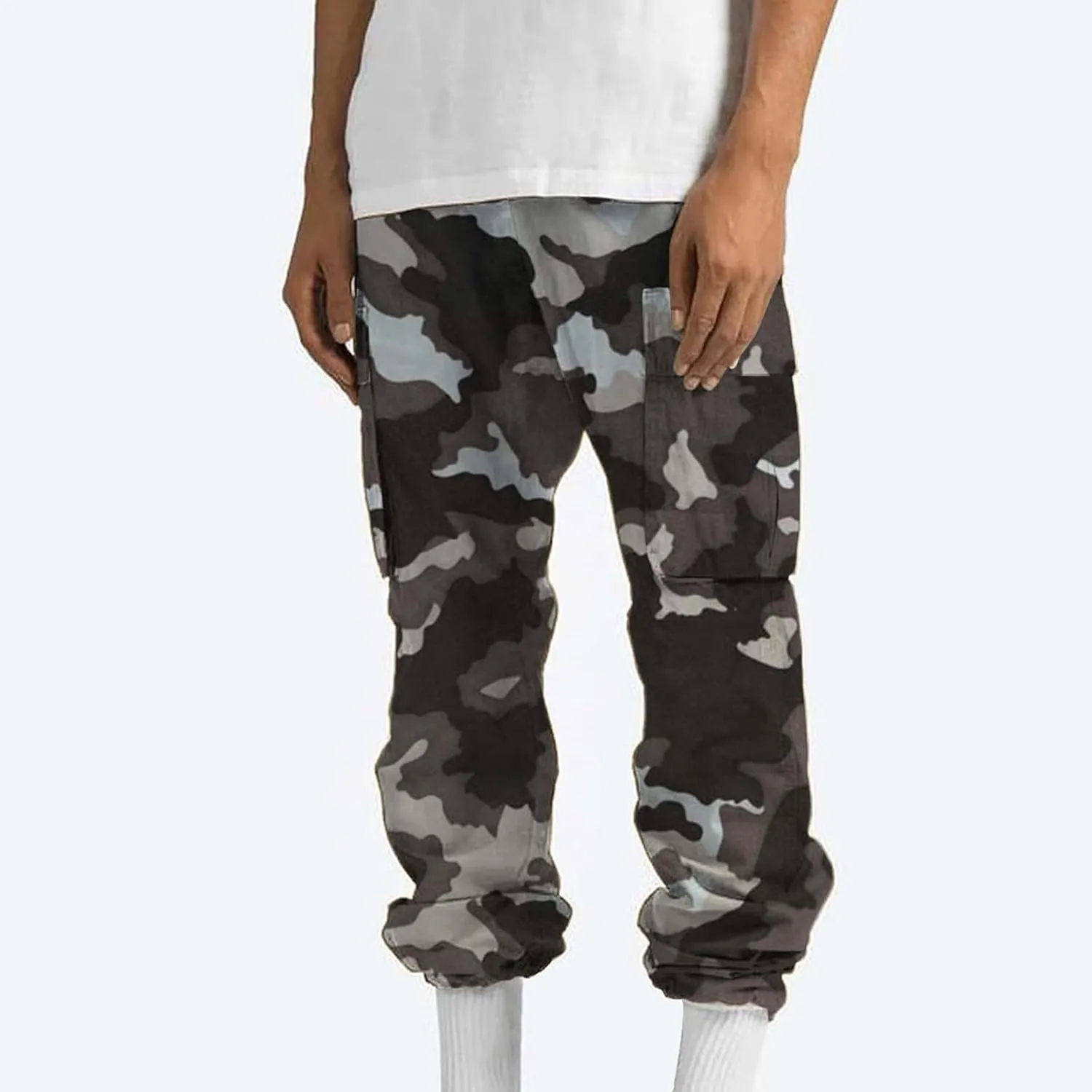 Mens Camo Cargo Pants Elastic Drawstring Waist Wide Leg Trousers Baggy Casual Workout Multipockets Joggers Sweatpants