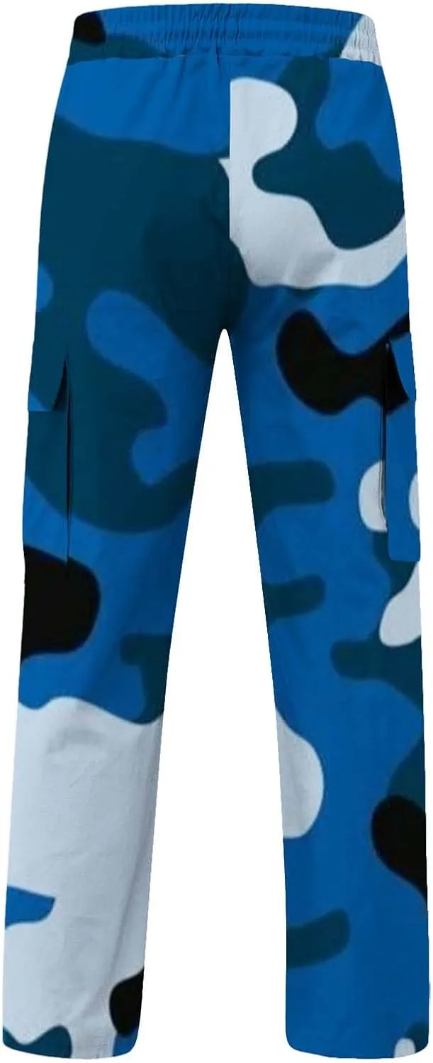 Mens Camo Cargo Pants Elastic Drawstring Waist Wide Leg Trousers Baggy Casual Workout Multipockets Joggers Sweatpants