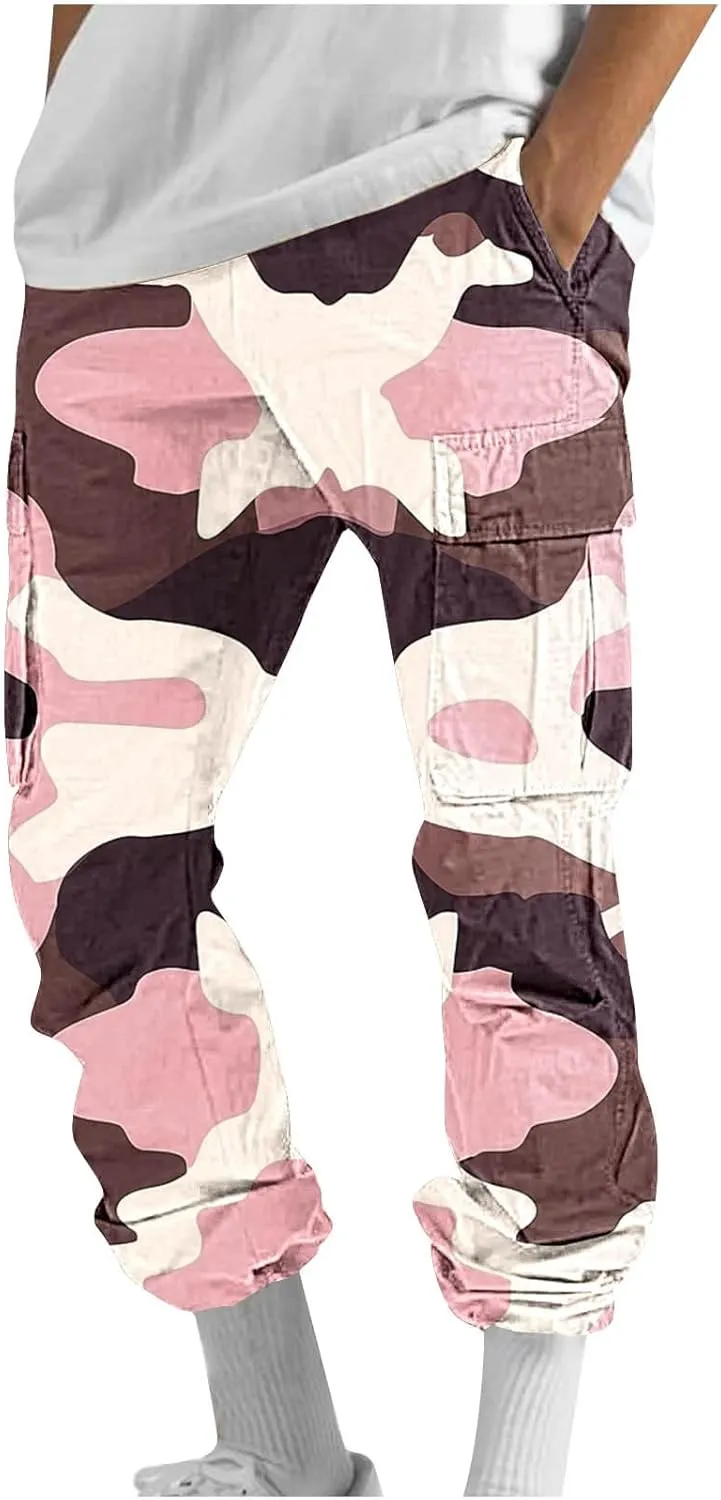 Mens Camo Cargo Pants Elastic Drawstring Waist Wide Leg Trousers Baggy Casual Workout Multipockets Joggers Sweatpants