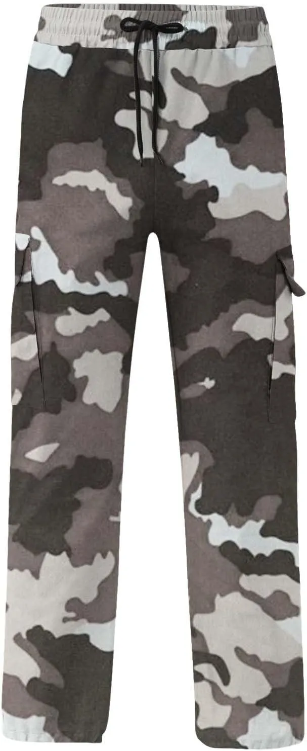 Mens Camo Cargo Pants Elastic Drawstring Waist Wide Leg Trousers Baggy Casual Workout Multipockets Joggers Sweatpants