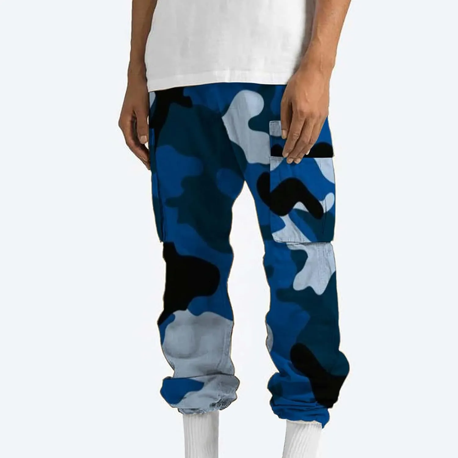Mens Camo Cargo Pants Elastic Drawstring Waist Wide Leg Trousers Baggy Casual Workout Multipockets Joggers Sweatpants