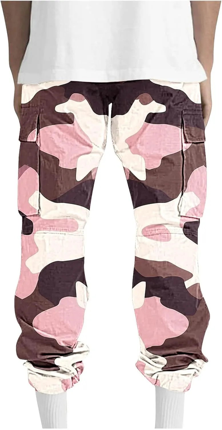 Mens Camo Cargo Pants Elastic Drawstring Waist Wide Leg Trousers Baggy Casual Workout Multipockets Joggers Sweatpants