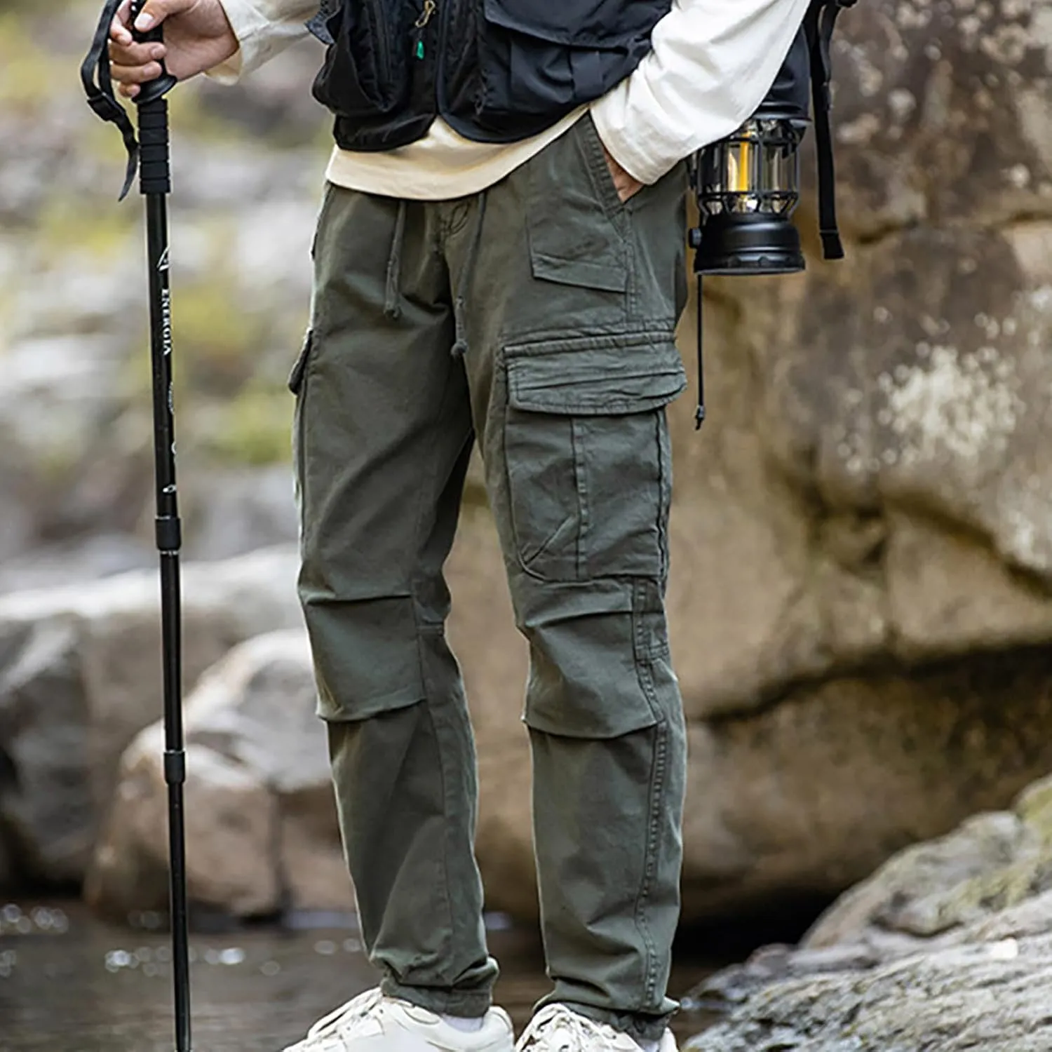 Mens Casual Cargo Pants Elastic Waist Stretch Drawstring Relaxed Fit Jogger Pants Classic Gym Hiking Workout Trousers