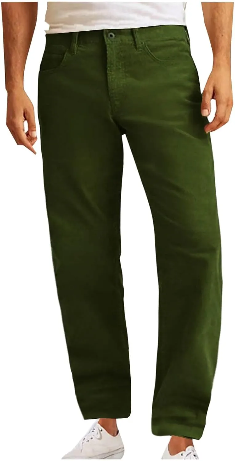 Mens Casual Corduroy Pants Elastic Waist Drawstring Loose Straight Leg Long Trousers Stylish Lounge Pants with Pocket