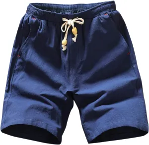 Mens Cotton Linen Shorts Elastic Waist Drawstring Casual Beach Summer Lightweight Comfort Half Shorts with Pockets