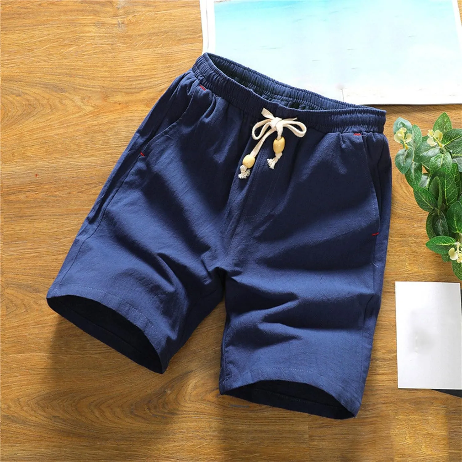 Mens Cotton Linen Shorts Elastic Waist Drawstring Casual Beach Summer Lightweight Comfort Half Shorts with Pockets