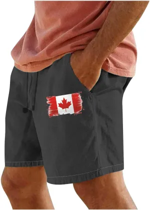 Men's Cotton Linen Shorts with Pockets Quick Dry Athletic Running Workout Elastic Activewear Canada Print Trunks