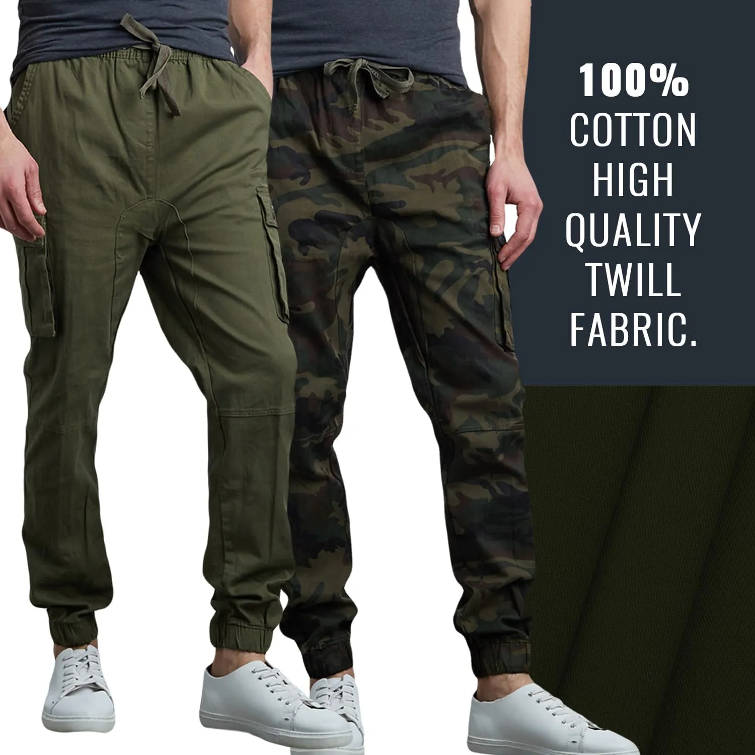 Men's Cotton Twill Cargo Joggers, Multi Pocket, Drawstring Joggers Stretch Pant for Casual, Lounging and Outdoor, 2 Pack