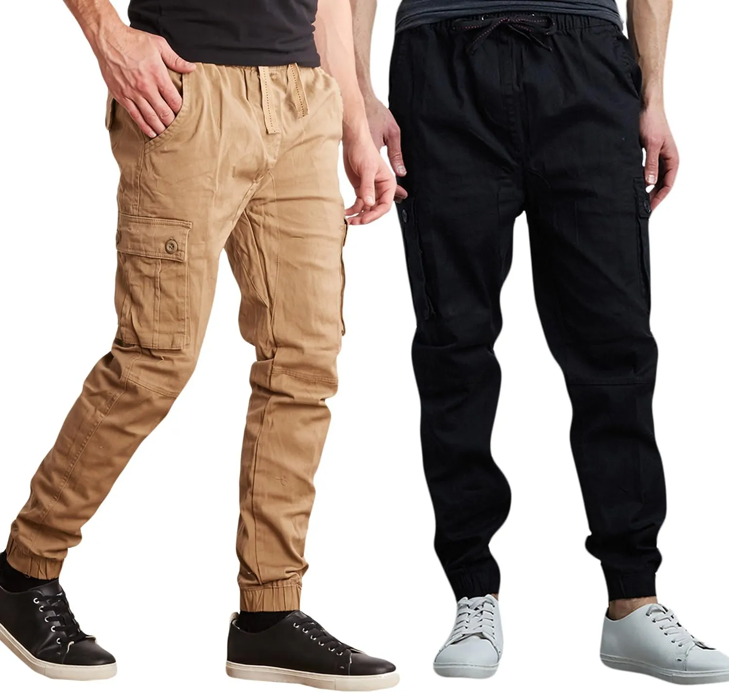 Men's Cotton Twill Cargo Joggers, Multi Pocket, Drawstring Joggers Stretch Pant for Casual, Lounging and Outdoor, 2 Pack