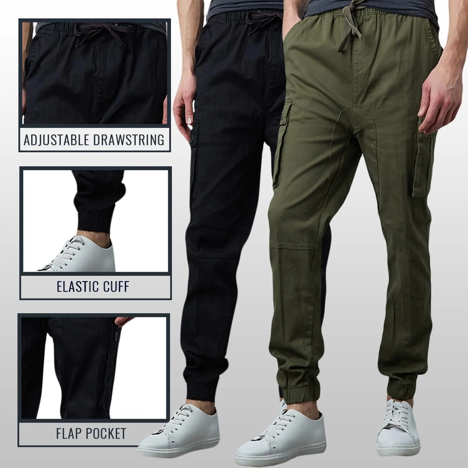 Men's Cotton Twill Cargo Joggers, Multi Pocket, Drawstring Joggers Stretch Pant for Casual, Lounging and Outdoor, 2 Pack