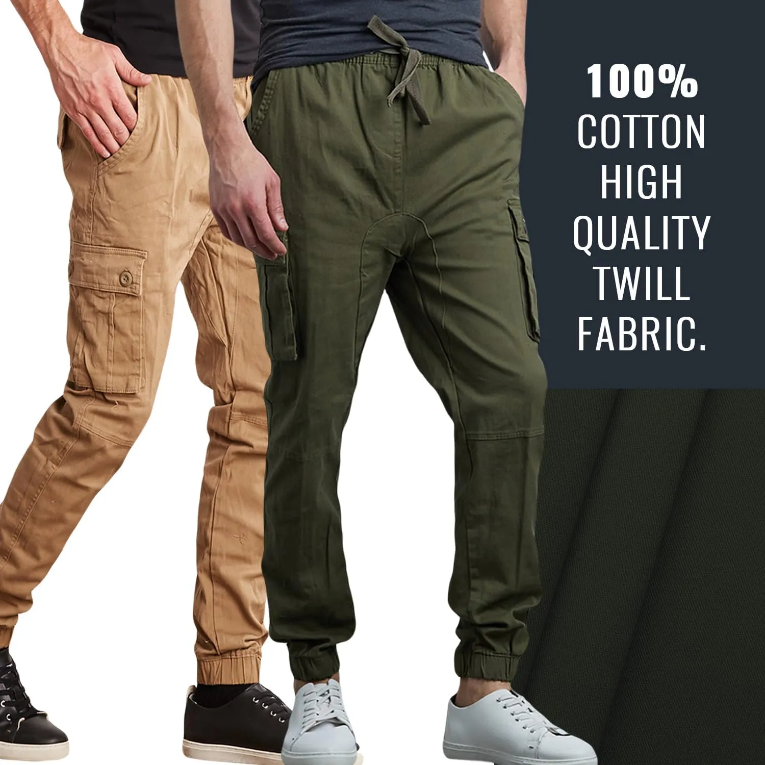 Men's Cotton Twill Cargo Joggers, Multi Pocket, Drawstring Joggers Stretch Pant for Casual, Lounging and Outdoor, 2 Pack