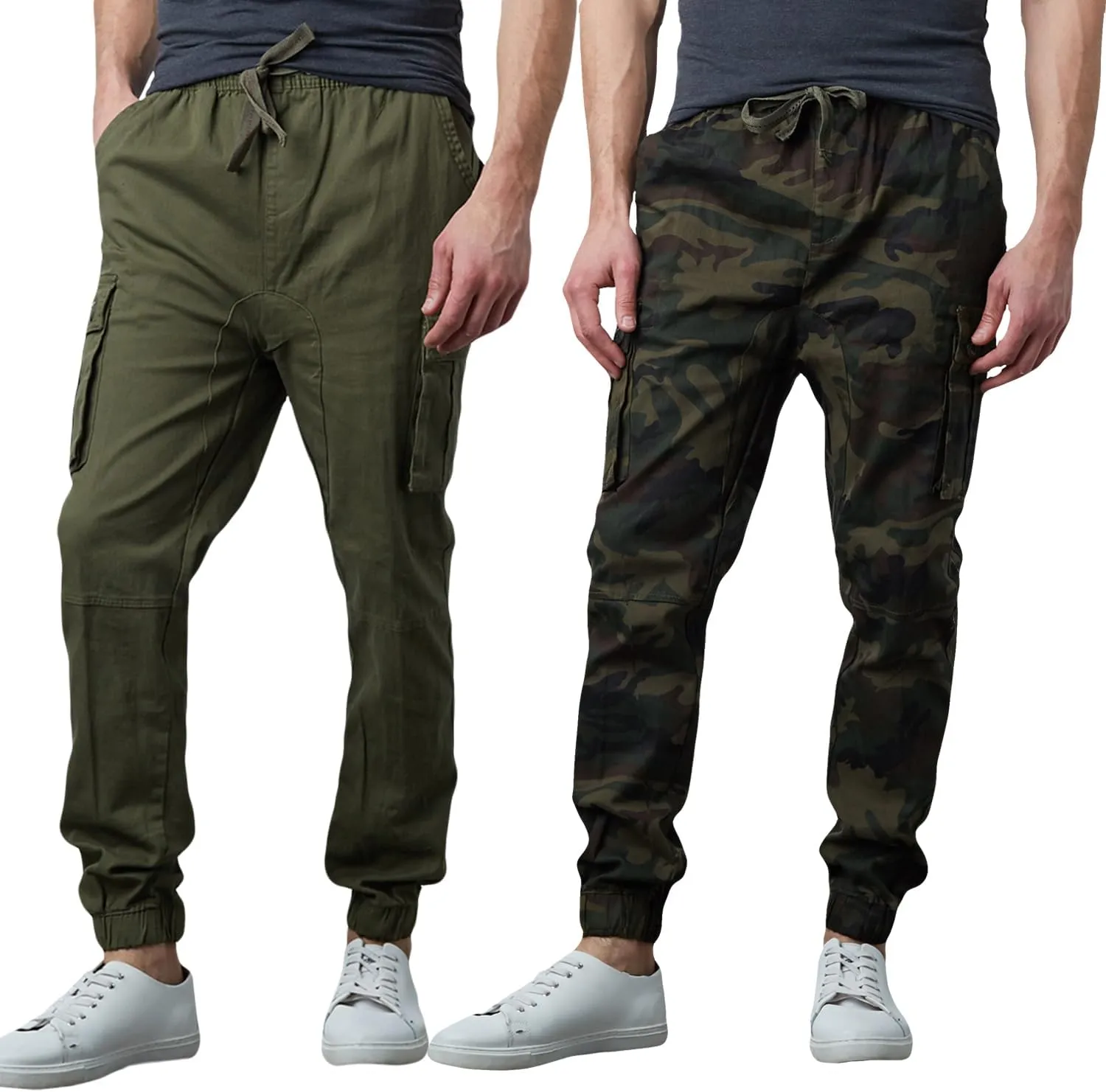 Men's Cotton Twill Cargo Joggers, Multi Pocket, Drawstring Joggers Stretch Pant for Casual, Lounging and Outdoor, 2 Pack