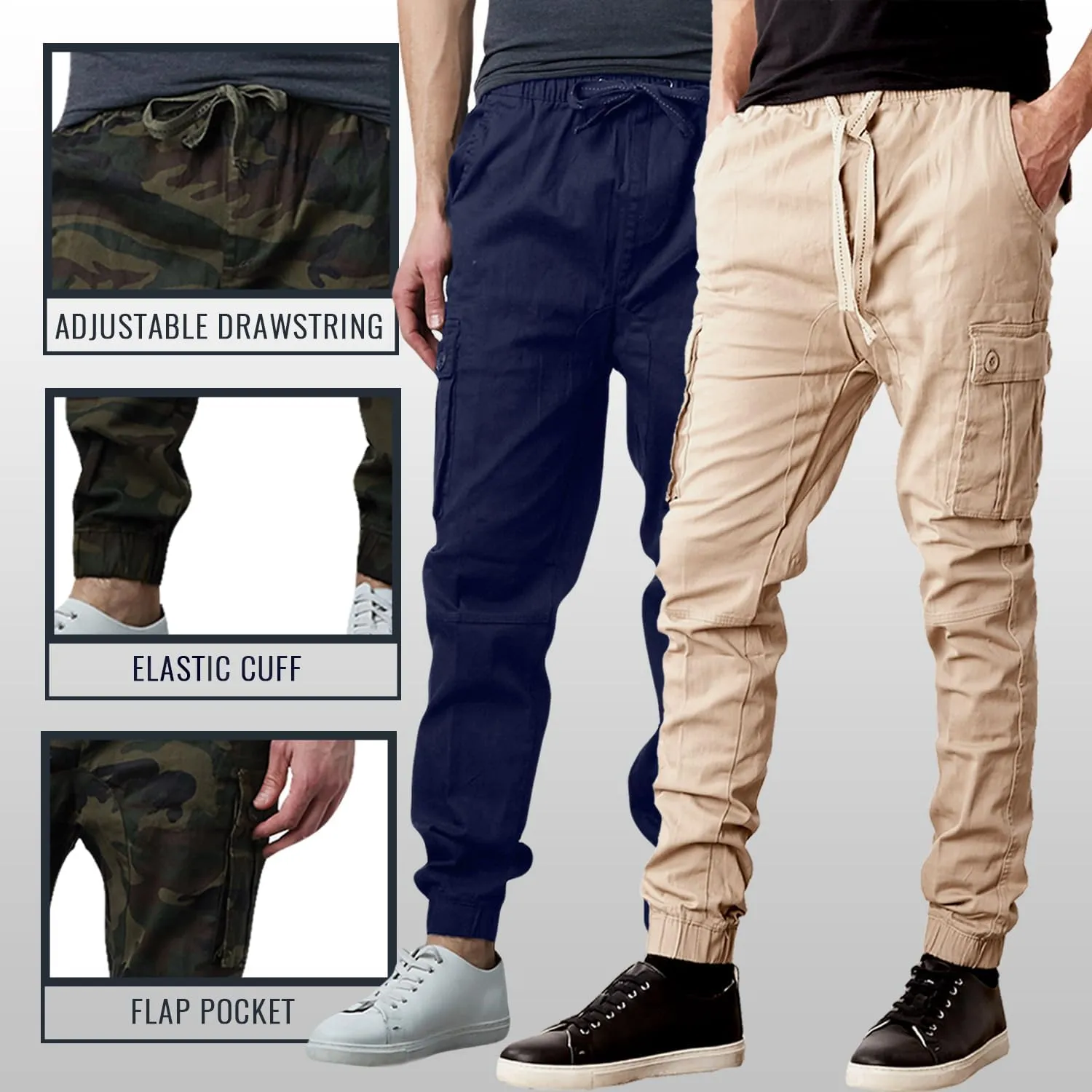 Men's Cotton Twill Cargo Joggers, Multi Pocket, Drawstring Joggers Stretch Pant for Casual, Lounging and Outdoor, 2 Pack