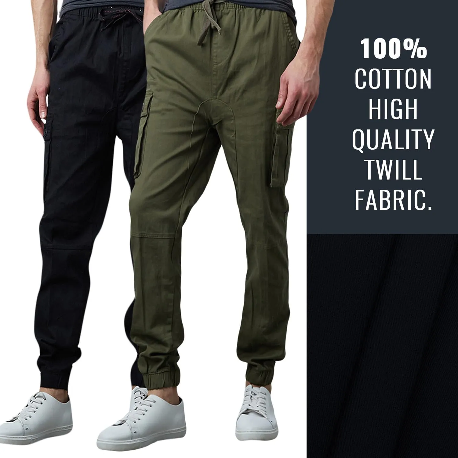 Men's Cotton Twill Cargo Joggers, Multi Pocket, Drawstring Joggers Stretch Pant for Casual, Lounging and Outdoor, 2 Pack