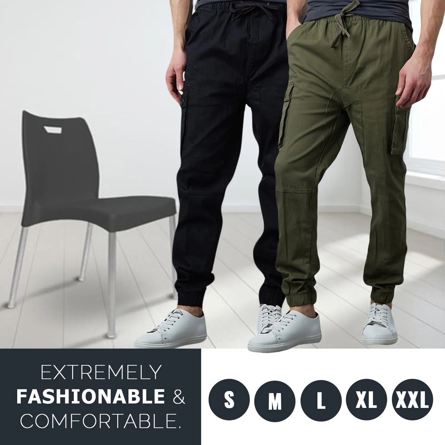 Men's Cotton Twill Cargo Joggers, Multi Pocket, Drawstring Joggers Stretch Pant for Casual, Lounging and Outdoor, 2 Pack