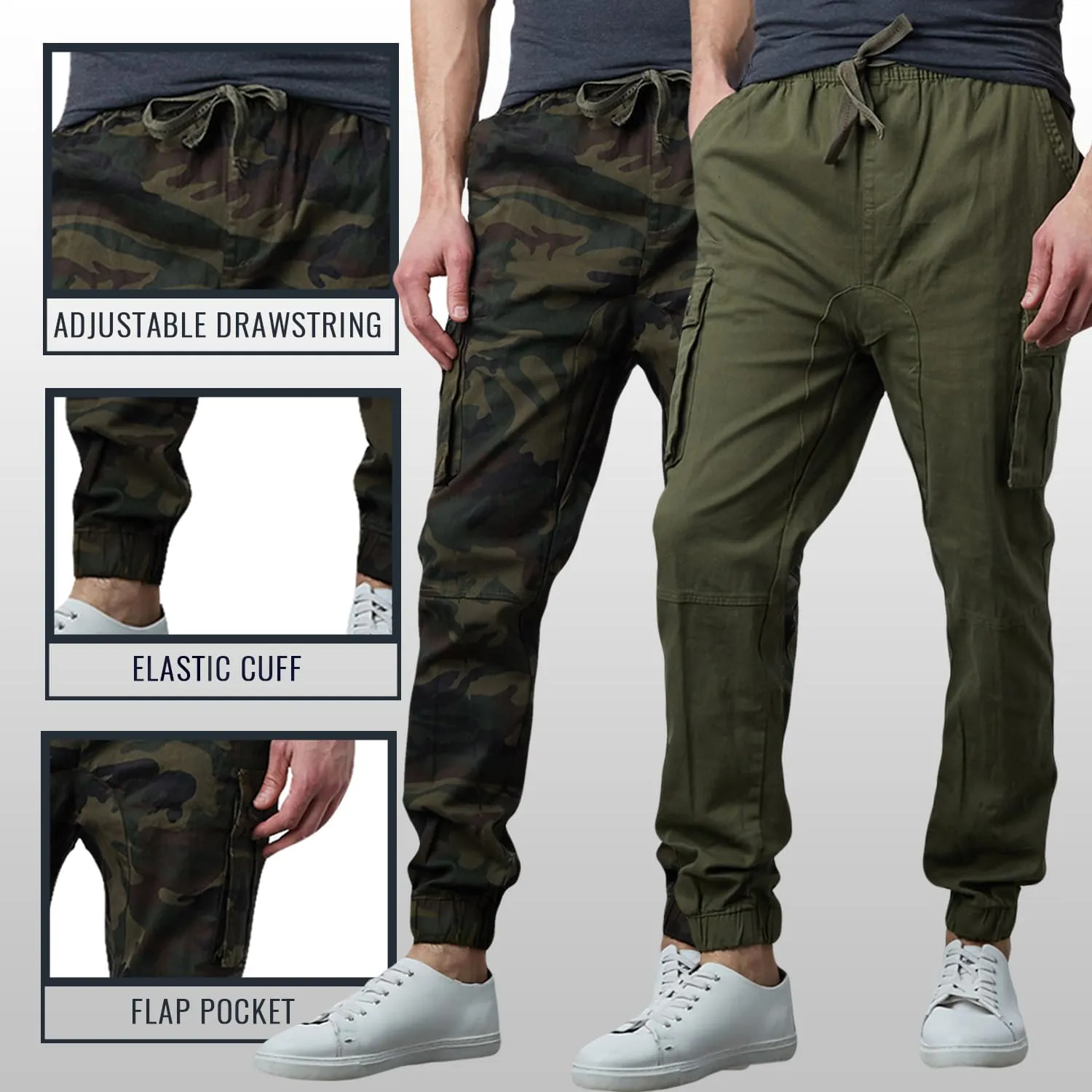 Men's Cotton Twill Cargo Joggers, Multi Pocket, Drawstring Joggers Stretch Pant for Casual, Lounging and Outdoor, 2 Pack
