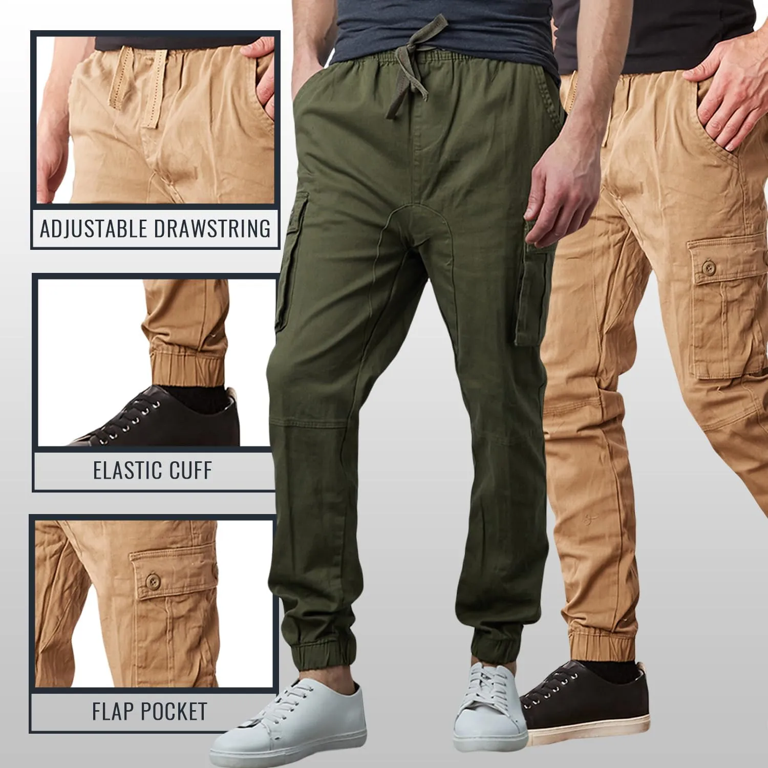 Men's Cotton Twill Cargo Joggers, Multi Pocket, Drawstring Joggers Stretch Pant for Casual, Lounging and Outdoor, 2 Pack