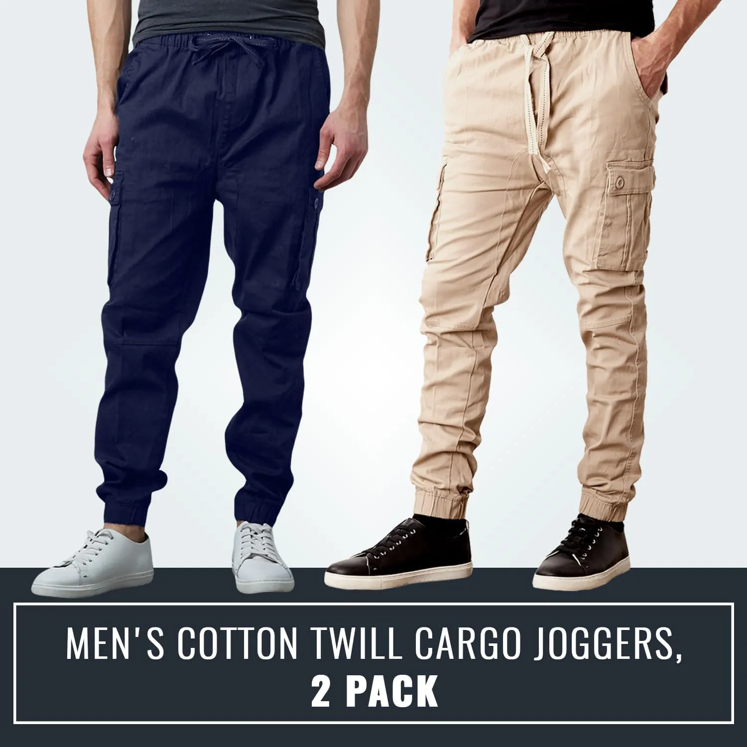 Men's Cotton Twill Cargo Joggers, Multi Pocket, Drawstring Joggers Stretch Pant for Casual, Lounging and Outdoor, 2 Pack