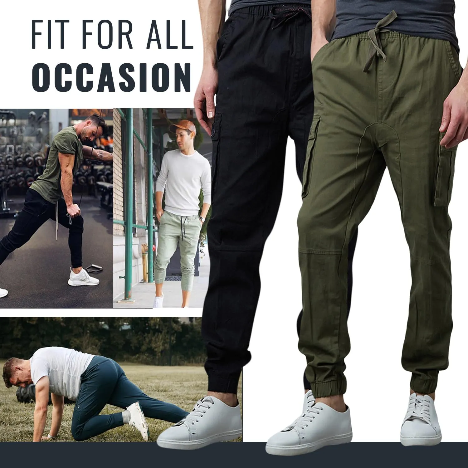 Men's Cotton Twill Cargo Joggers, Multi Pocket, Drawstring Joggers Stretch Pant for Casual, Lounging and Outdoor, 2 Pack