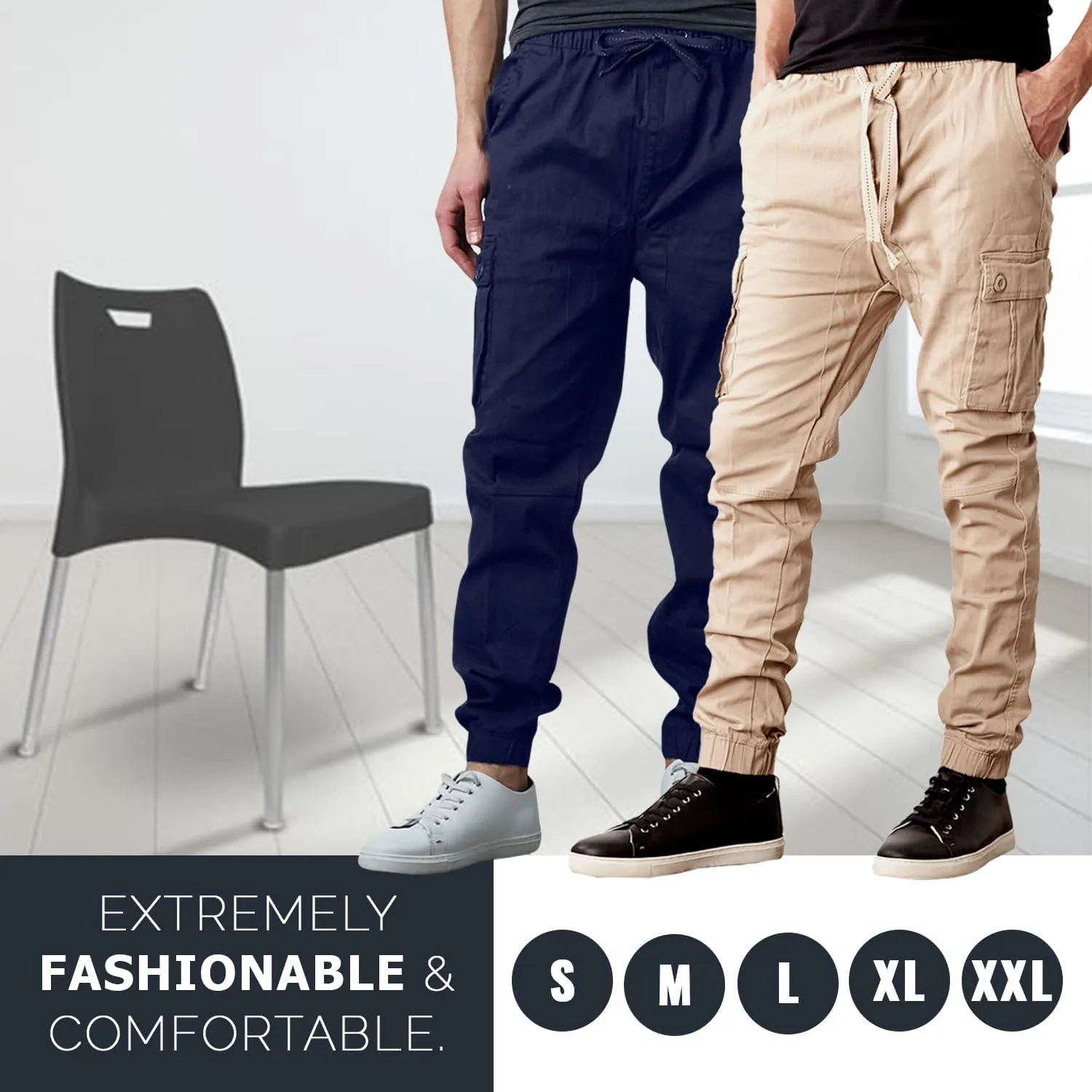 Men's Cotton Twill Cargo Joggers, Multi Pocket, Drawstring Joggers Stretch Pant for Casual, Lounging and Outdoor, 2 Pack