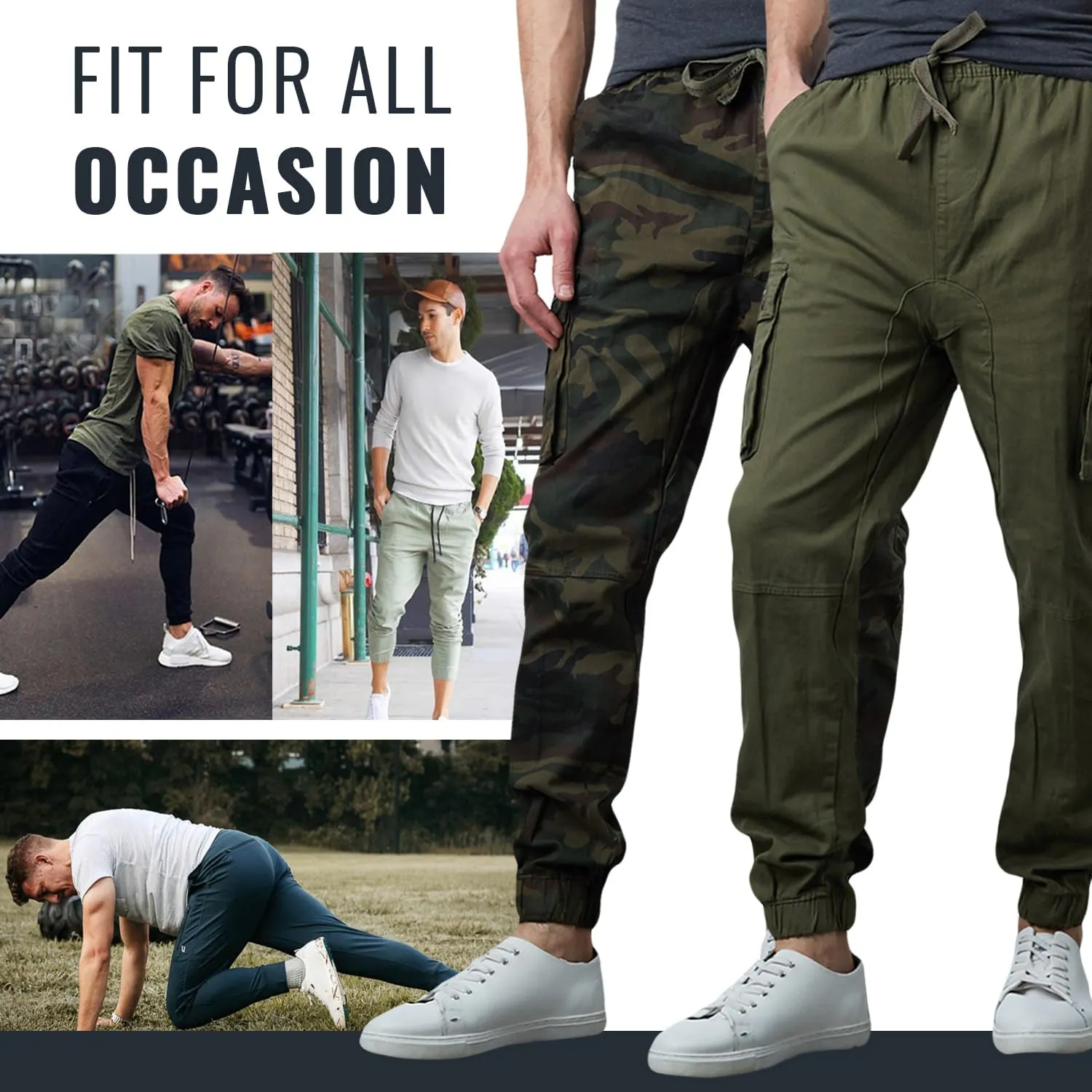 Men's Cotton Twill Cargo Joggers, Multi Pocket, Drawstring Joggers Stretch Pant for Casual, Lounging and Outdoor, 2 Pack