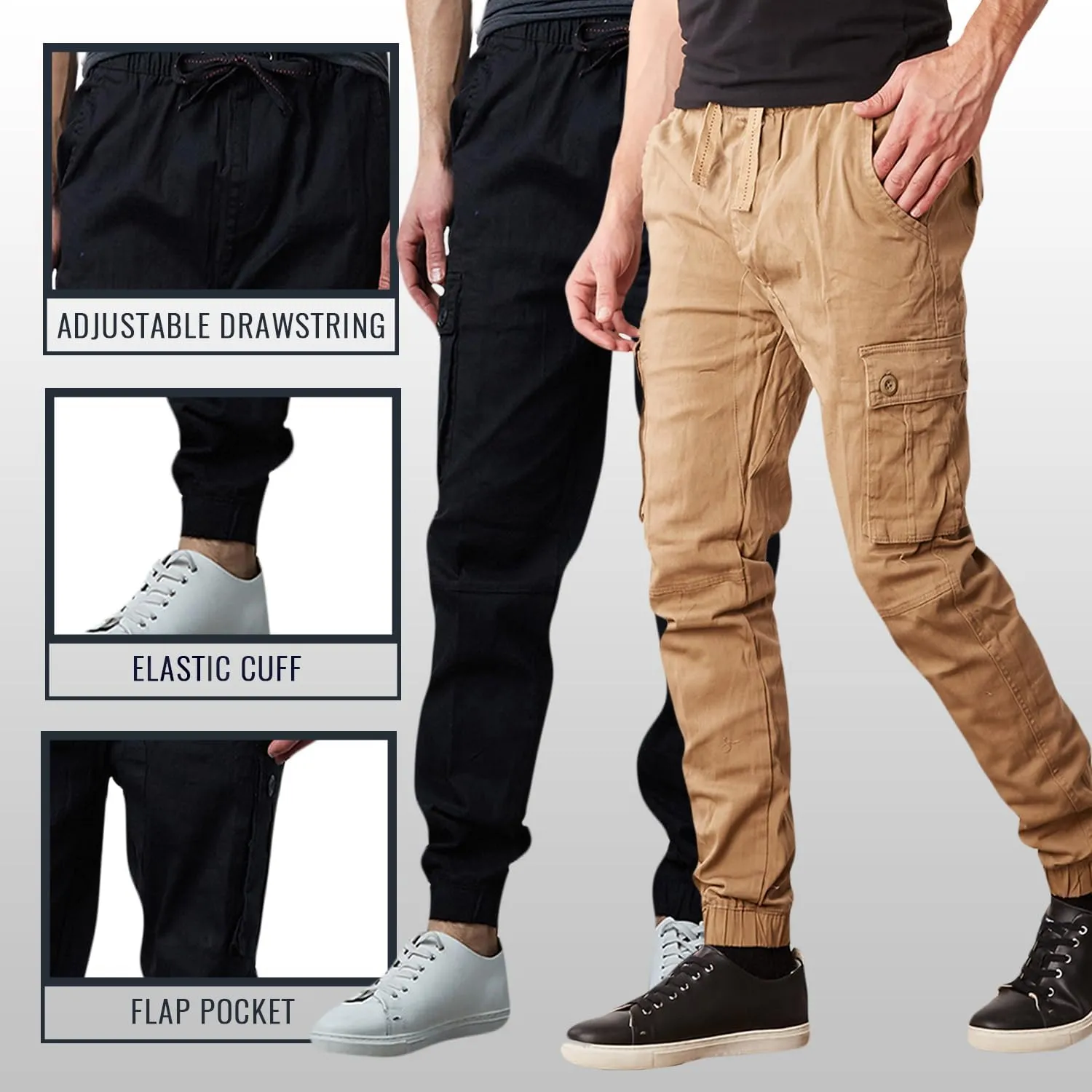 Men's Cotton Twill Cargo Joggers, Multi Pocket, Drawstring Joggers Stretch Pant for Casual, Lounging and Outdoor, 2 Pack