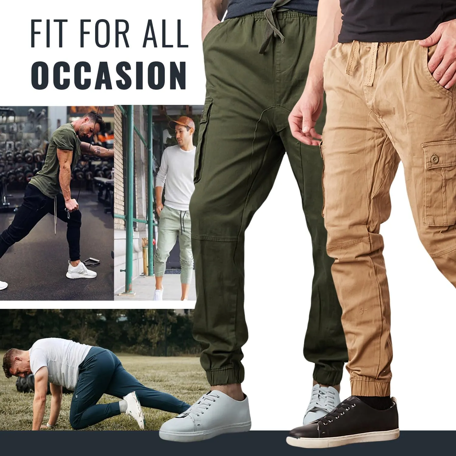 Men's Cotton Twill Cargo Joggers, Multi Pocket, Drawstring Joggers Stretch Pant for Casual, Lounging and Outdoor, 2 Pack