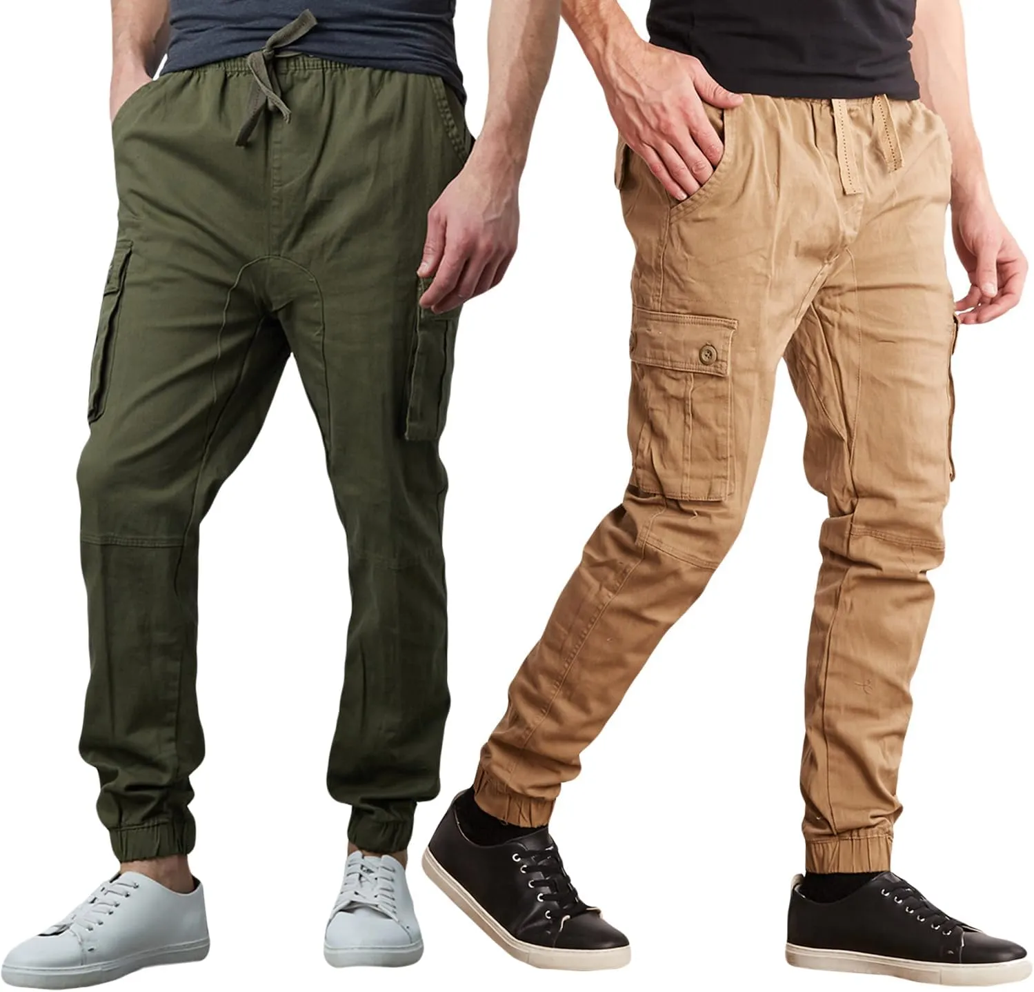 Men's Cotton Twill Cargo Joggers, Multi Pocket, Drawstring Joggers Stretch Pant for Casual, Lounging and Outdoor, 2 Pack