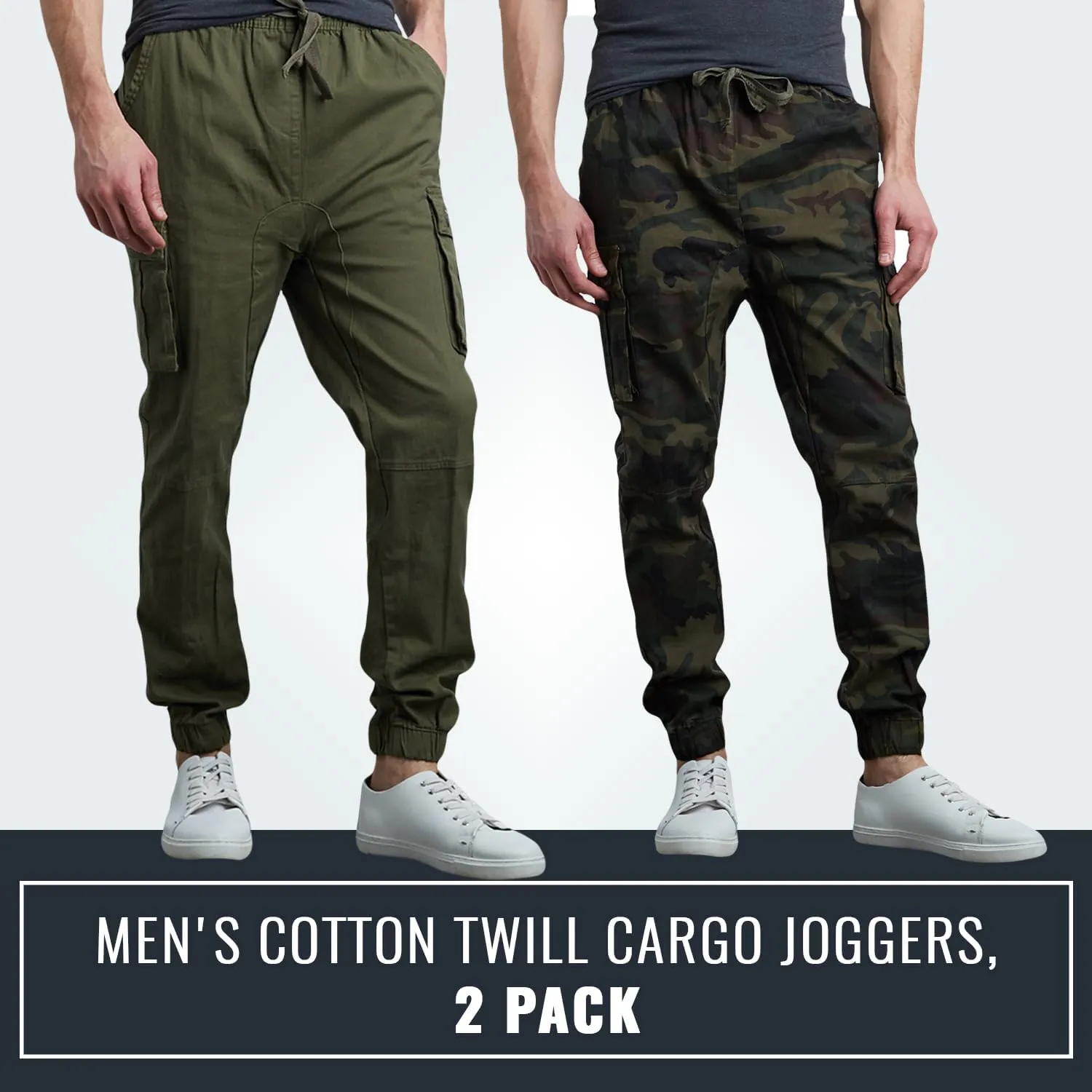 Men's Cotton Twill Cargo Joggers, Multi Pocket, Drawstring Joggers Stretch Pant for Casual, Lounging and Outdoor, 2 Pack