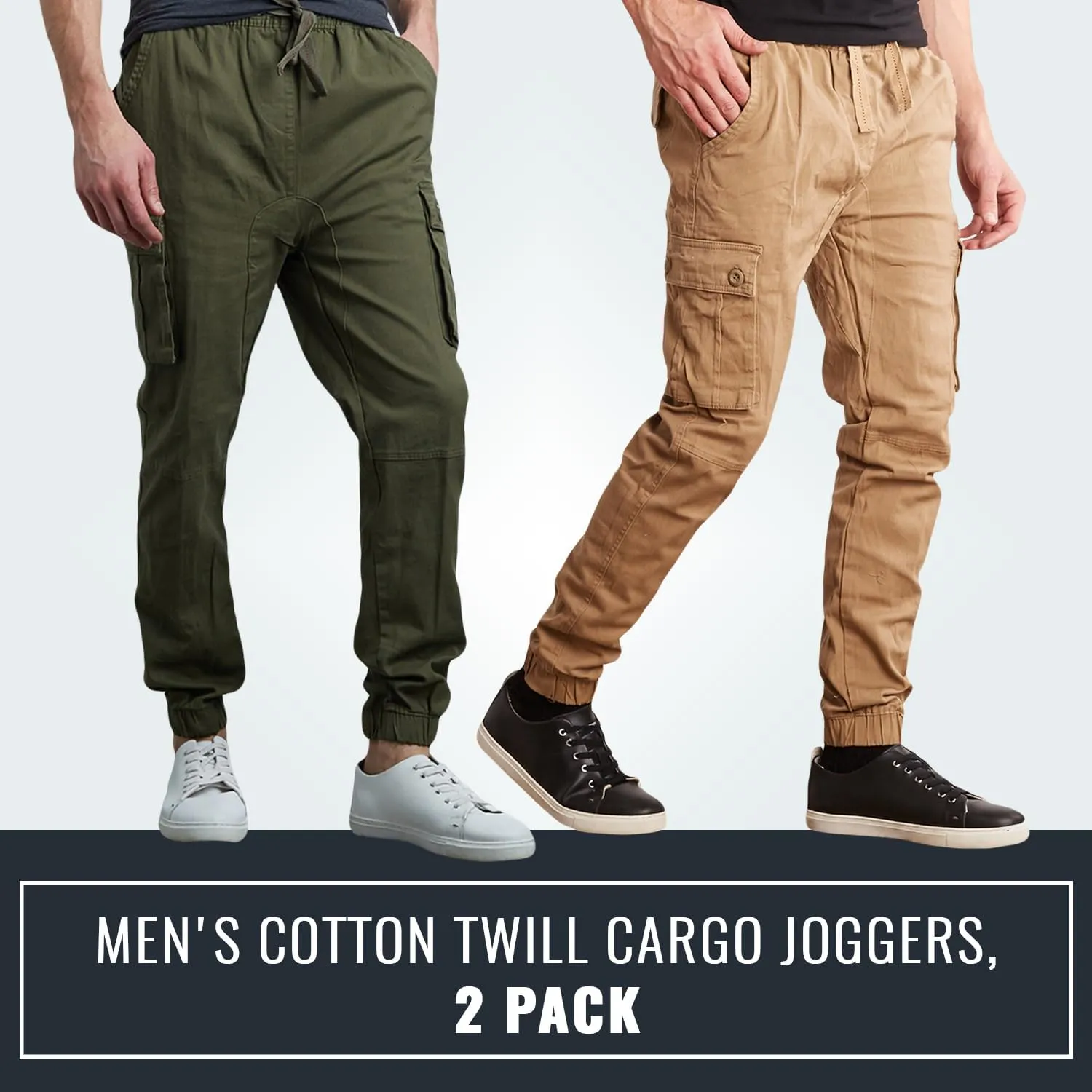 Men's Cotton Twill Cargo Joggers, Multi Pocket, Drawstring Joggers Stretch Pant for Casual, Lounging and Outdoor, 2 Pack