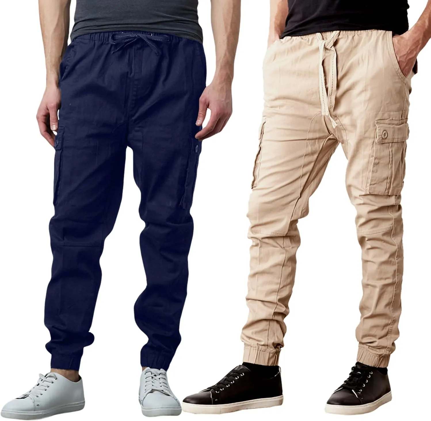 Men's Cotton Twill Cargo Joggers, Multi Pocket, Drawstring Joggers Stretch Pant for Casual, Lounging and Outdoor, 2 Pack