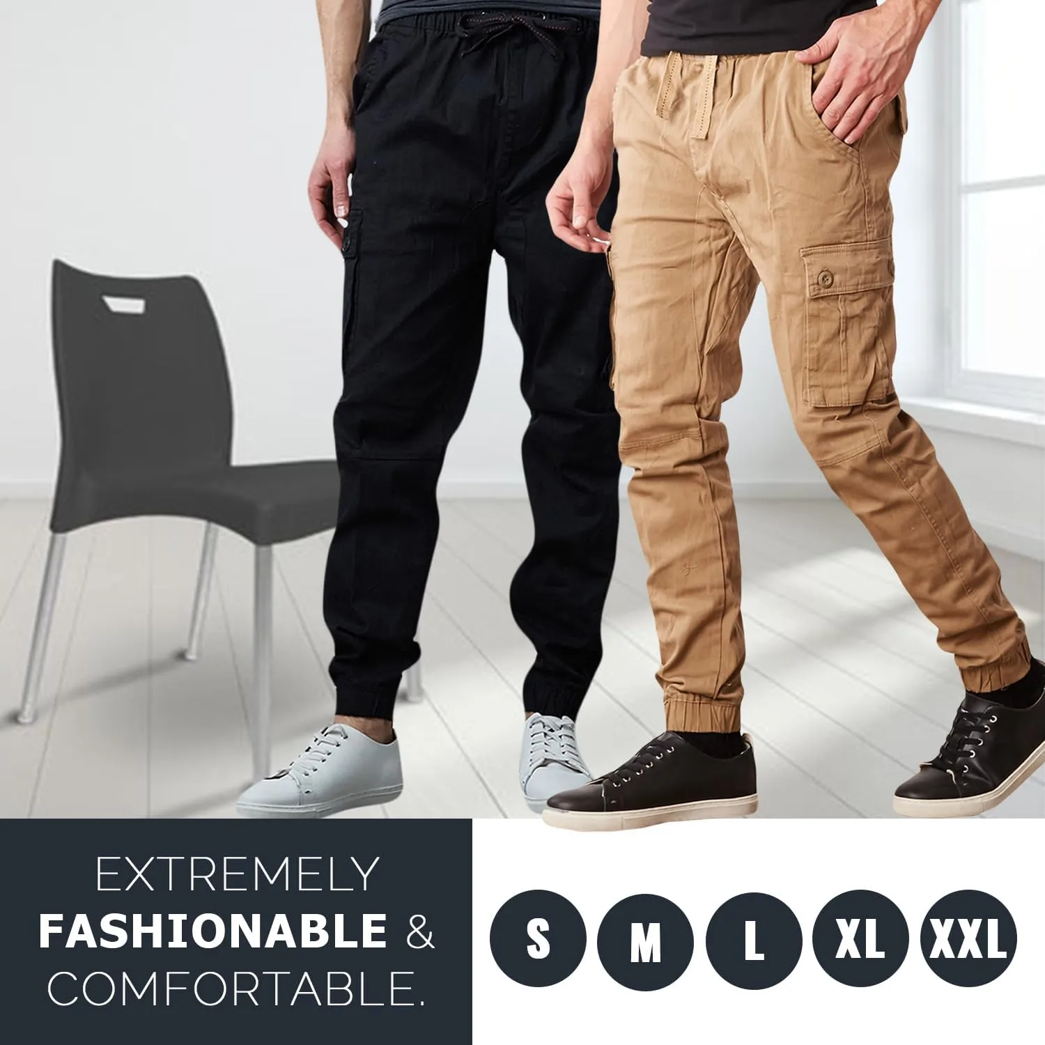Men's Cotton Twill Cargo Joggers, Multi Pocket, Drawstring Joggers Stretch Pant for Casual, Lounging and Outdoor, 2 Pack