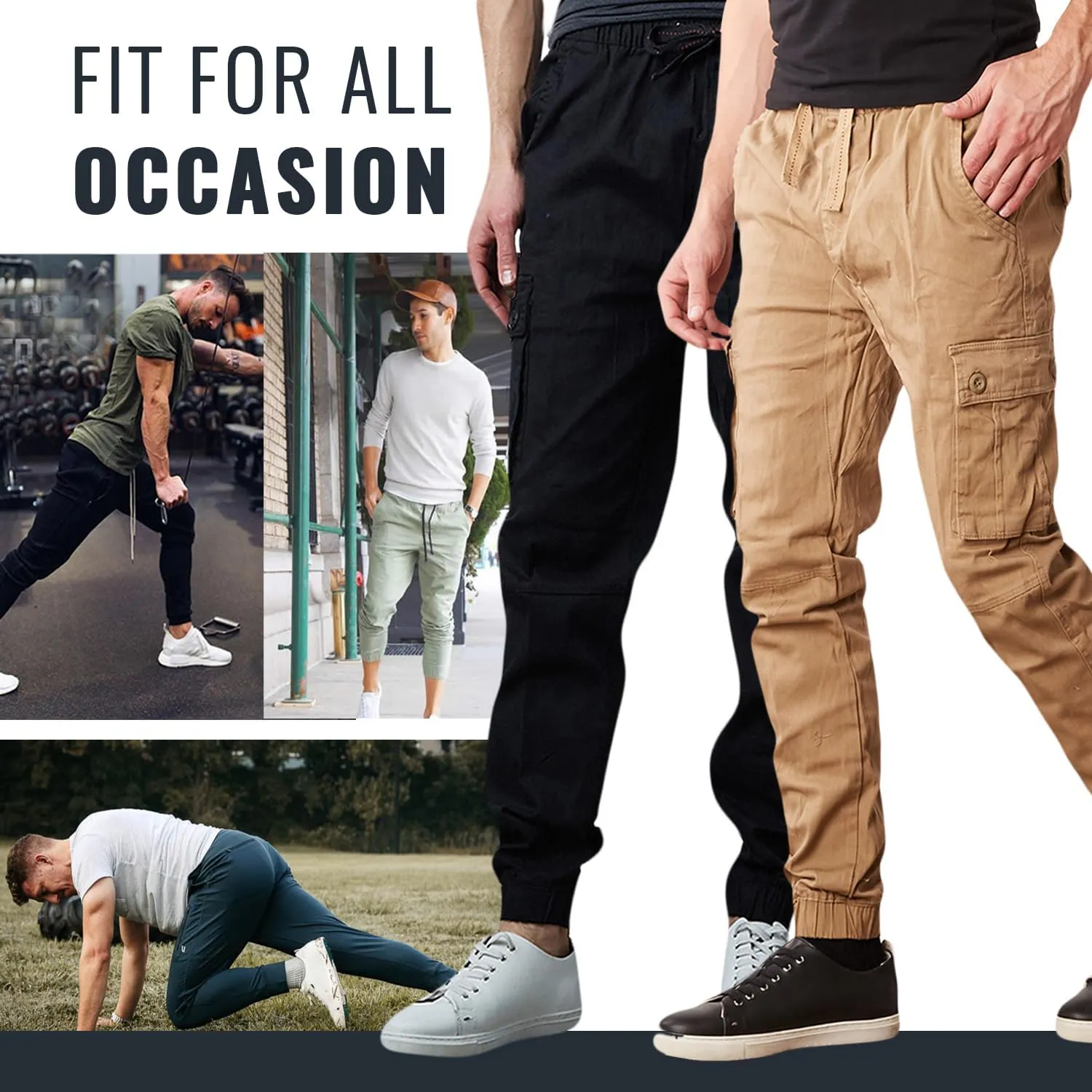 Men's Cotton Twill Cargo Joggers, Multi Pocket, Drawstring Joggers Stretch Pant for Casual, Lounging and Outdoor, 2 Pack