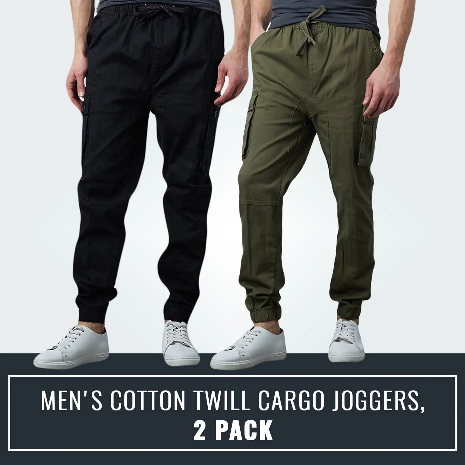 Men's Cotton Twill Cargo Joggers, Multi Pocket, Drawstring Joggers Stretch Pant for Casual, Lounging and Outdoor, 2 Pack