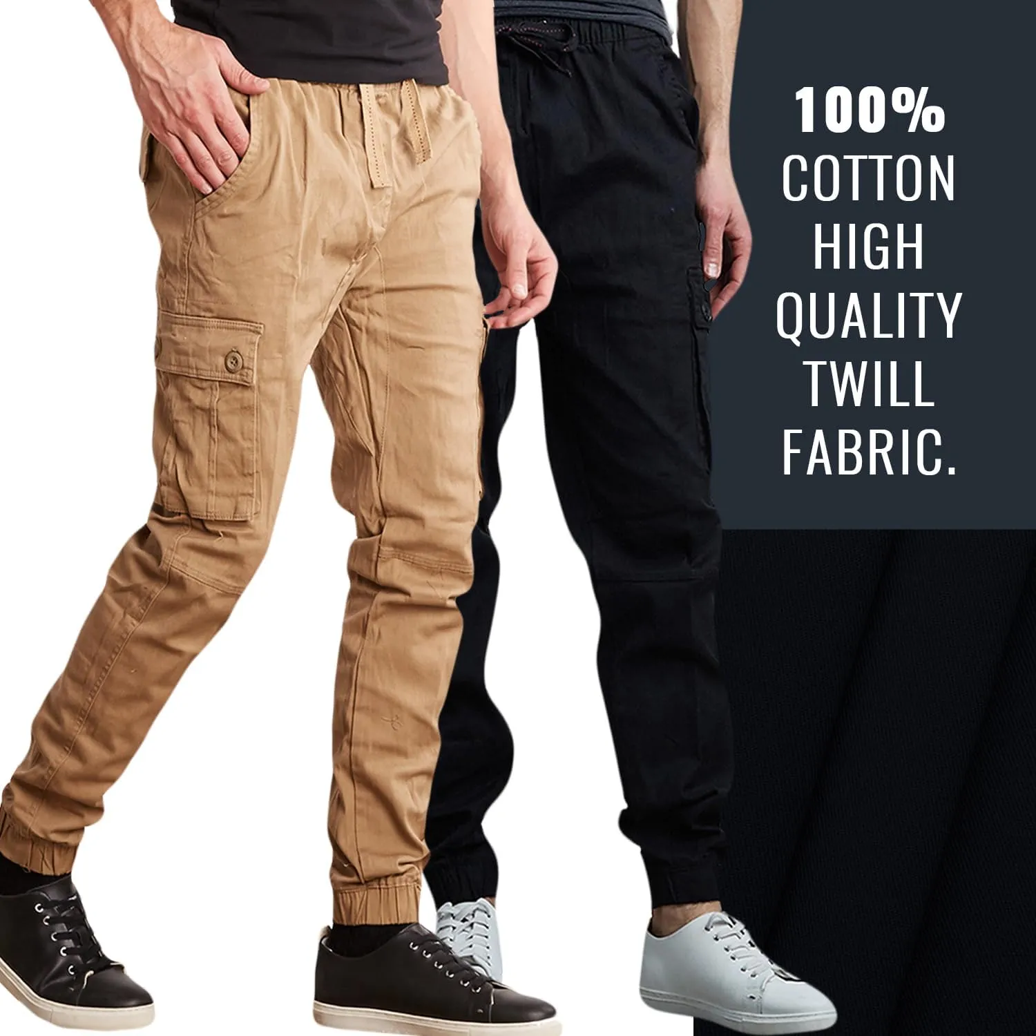 Men's Cotton Twill Cargo Joggers, Multi Pocket, Drawstring Joggers Stretch Pant for Casual, Lounging and Outdoor, 2 Pack