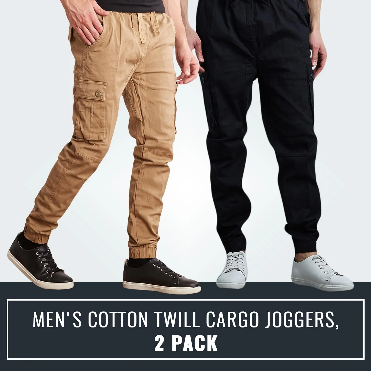 Men's Cotton Twill Cargo Joggers, Multi Pocket, Drawstring Joggers Stretch Pant for Casual, Lounging and Outdoor, 2 Pack