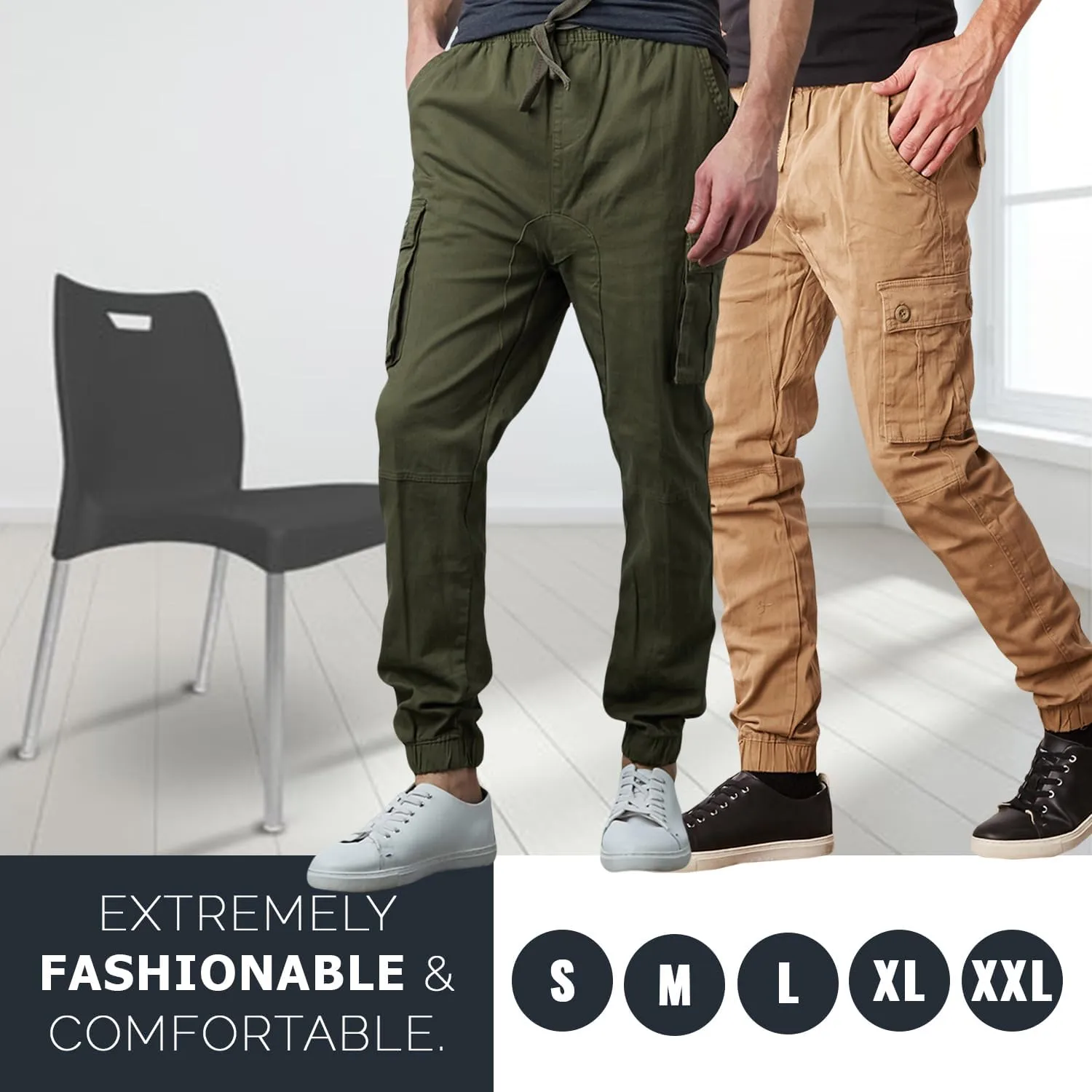 Men's Cotton Twill Cargo Joggers, Multi Pocket, Drawstring Joggers Stretch Pant for Casual, Lounging and Outdoor, 2 Pack