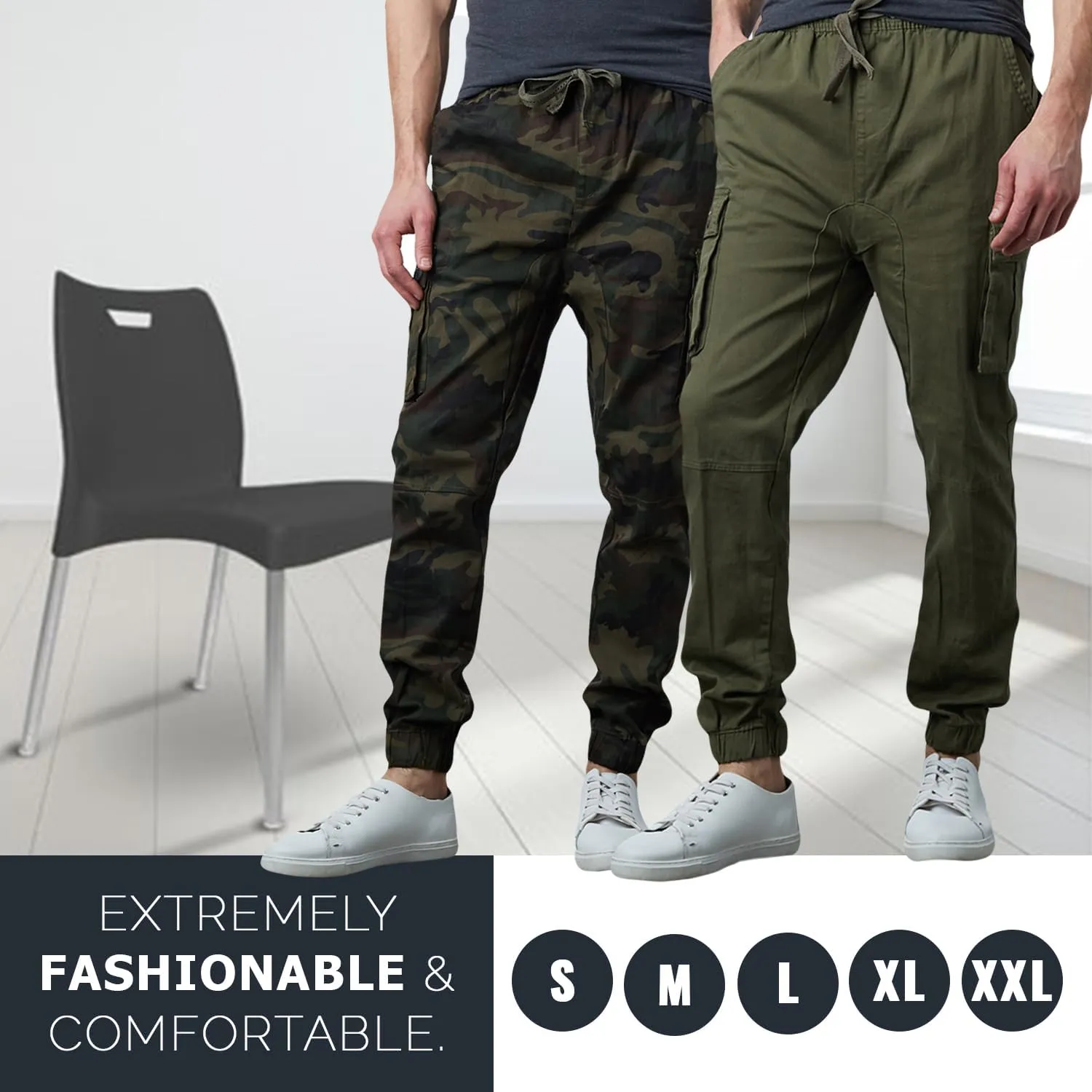 Men's Cotton Twill Cargo Joggers, Multi Pocket, Drawstring Joggers Stretch Pant for Casual, Lounging and Outdoor, 2 Pack