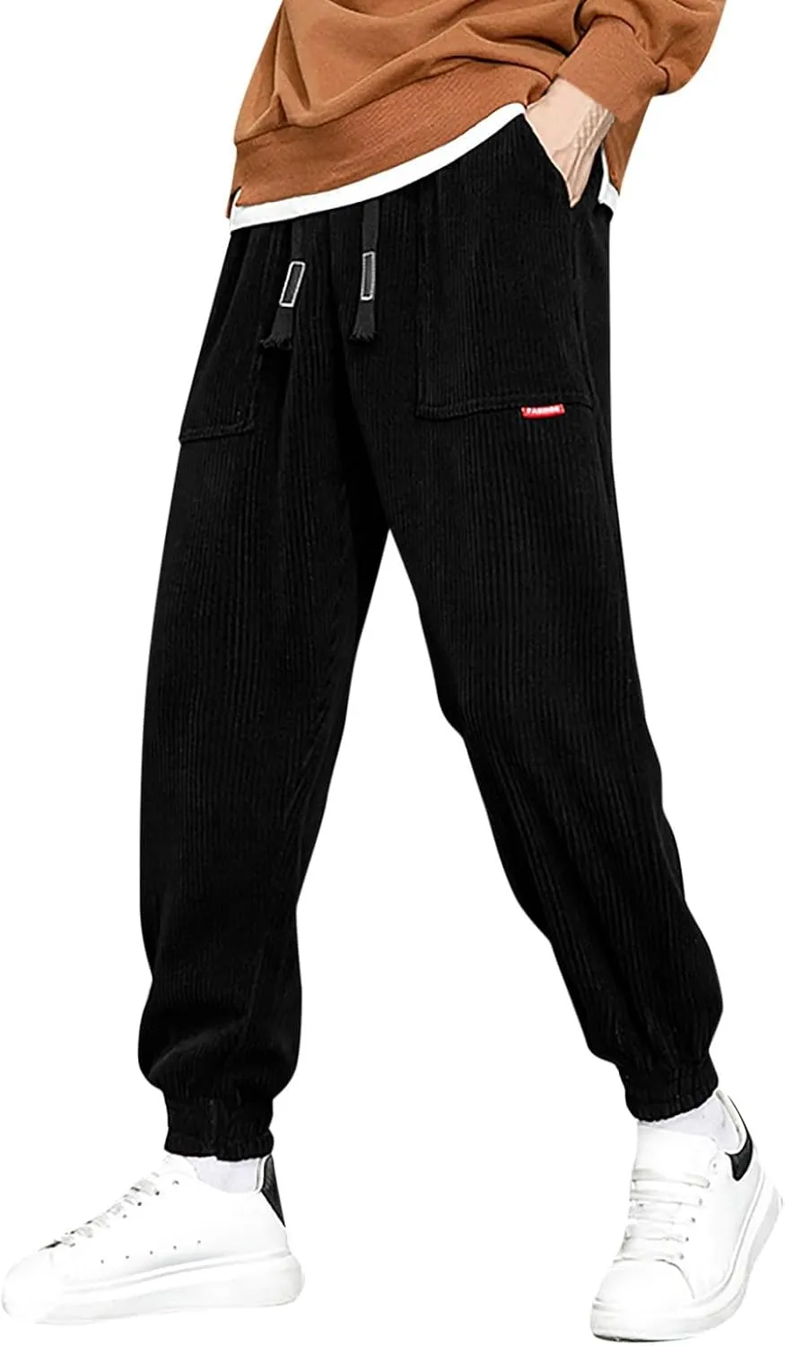 Men's Fall Corduroy Joggers Cargo Pants Drawstring Elastic Waist Baggy Tapered Causal Cuffed Trousers with Pockets