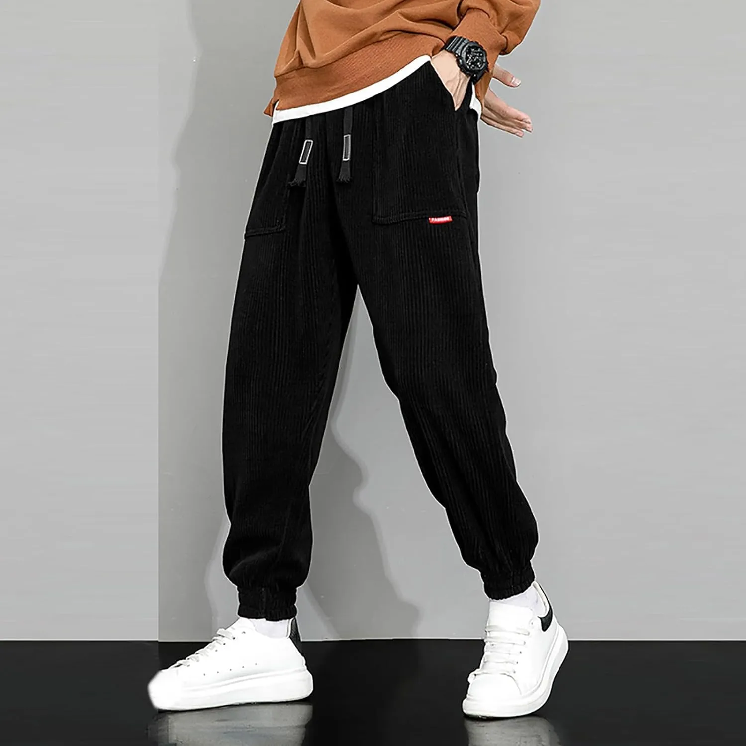 Men's Fall Corduroy Joggers Cargo Pants Drawstring Elastic Waist Baggy Tapered Causal Cuffed Trousers with Pockets