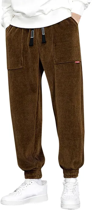 Men's Fall Corduroy Joggers Cargo Pants Drawstring Elastic Waist Baggy Tapered Causal Cuffed Trousers with Pockets